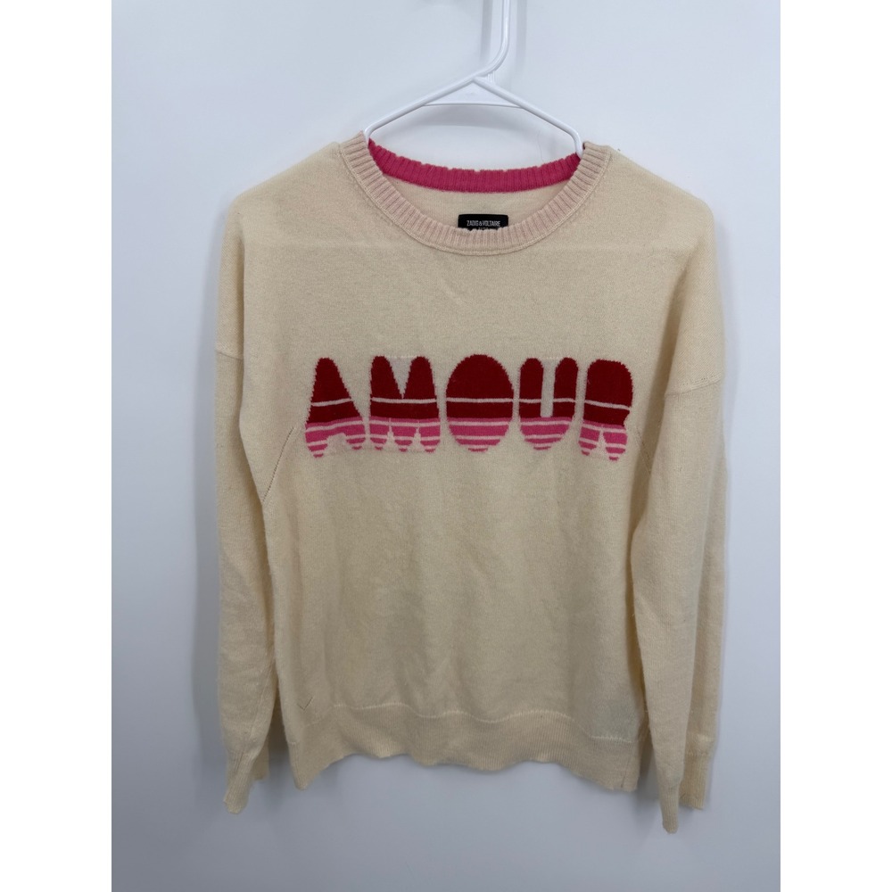 Zadig & Voltaire Gaby Amour Sweater sz XS Cream Wool Cashmere Intarsia KWSW00069